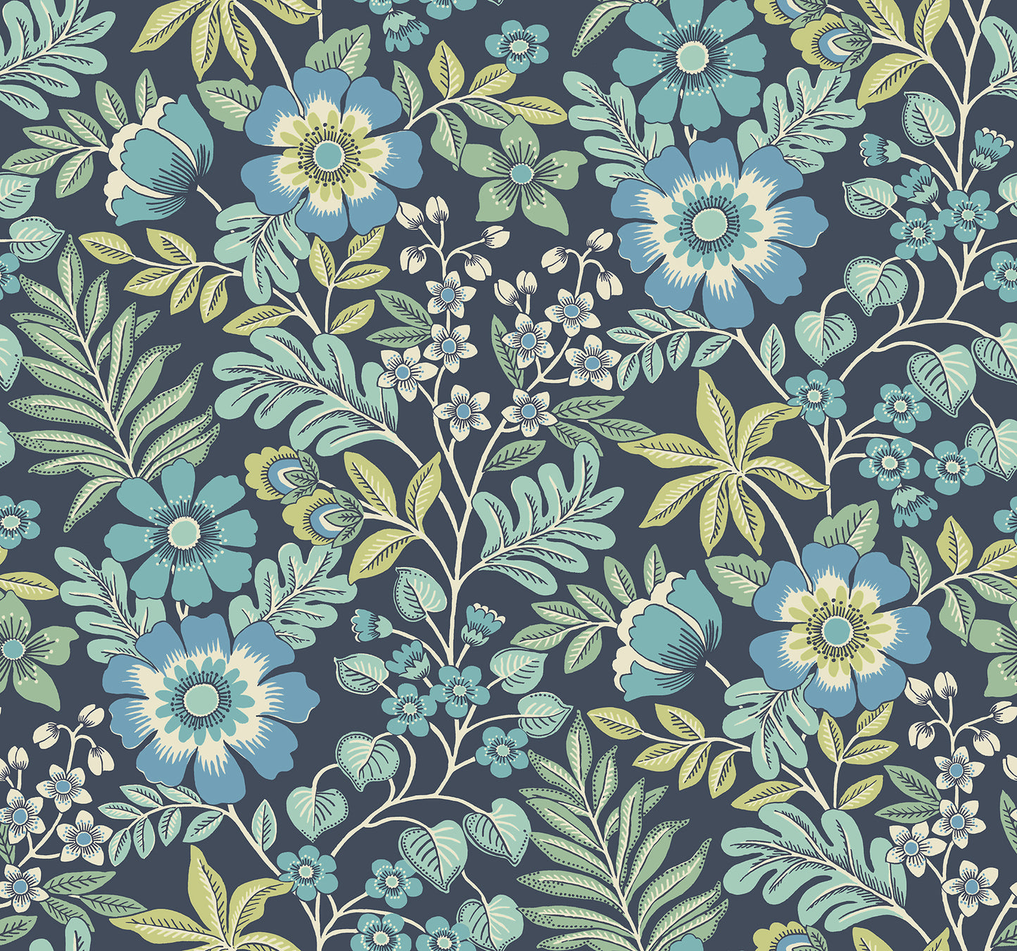 A-Street Prints Voysey Navy Floral Wallpaper, 27-in by 27-ft