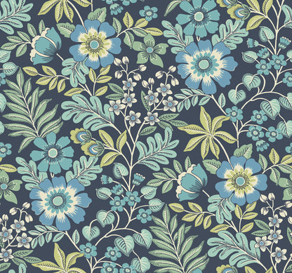 A-Street Prints Voysey Navy Floral Wallpaper, 27-in by 27-ft