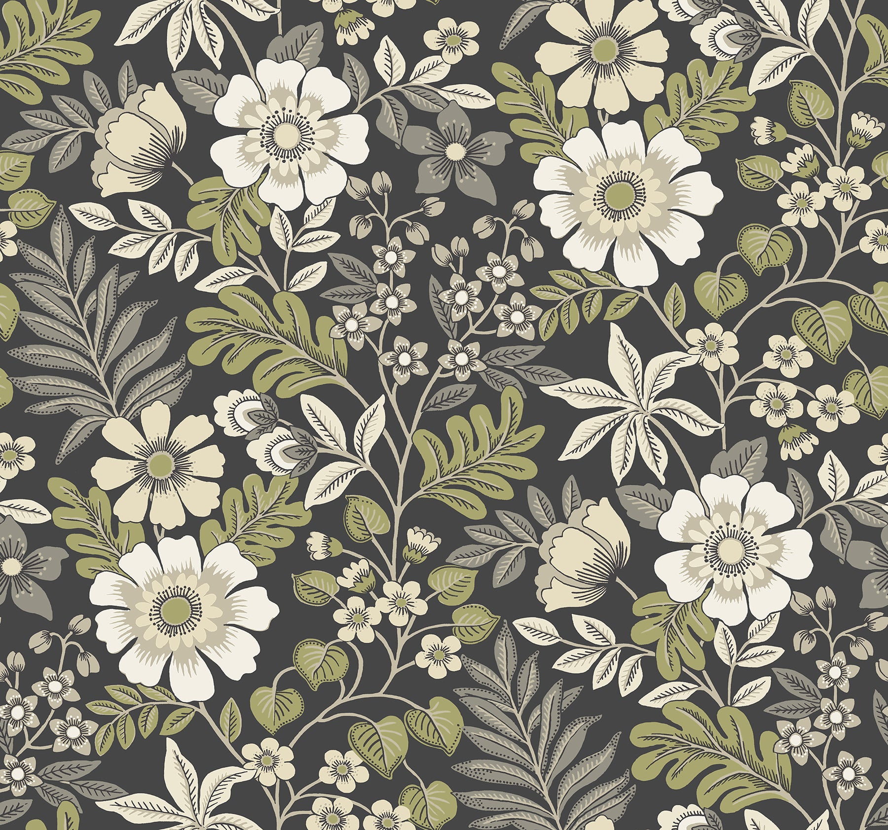 A-Street Prints Voysey Black Floral Wallpaper, 27-in by 27-ft