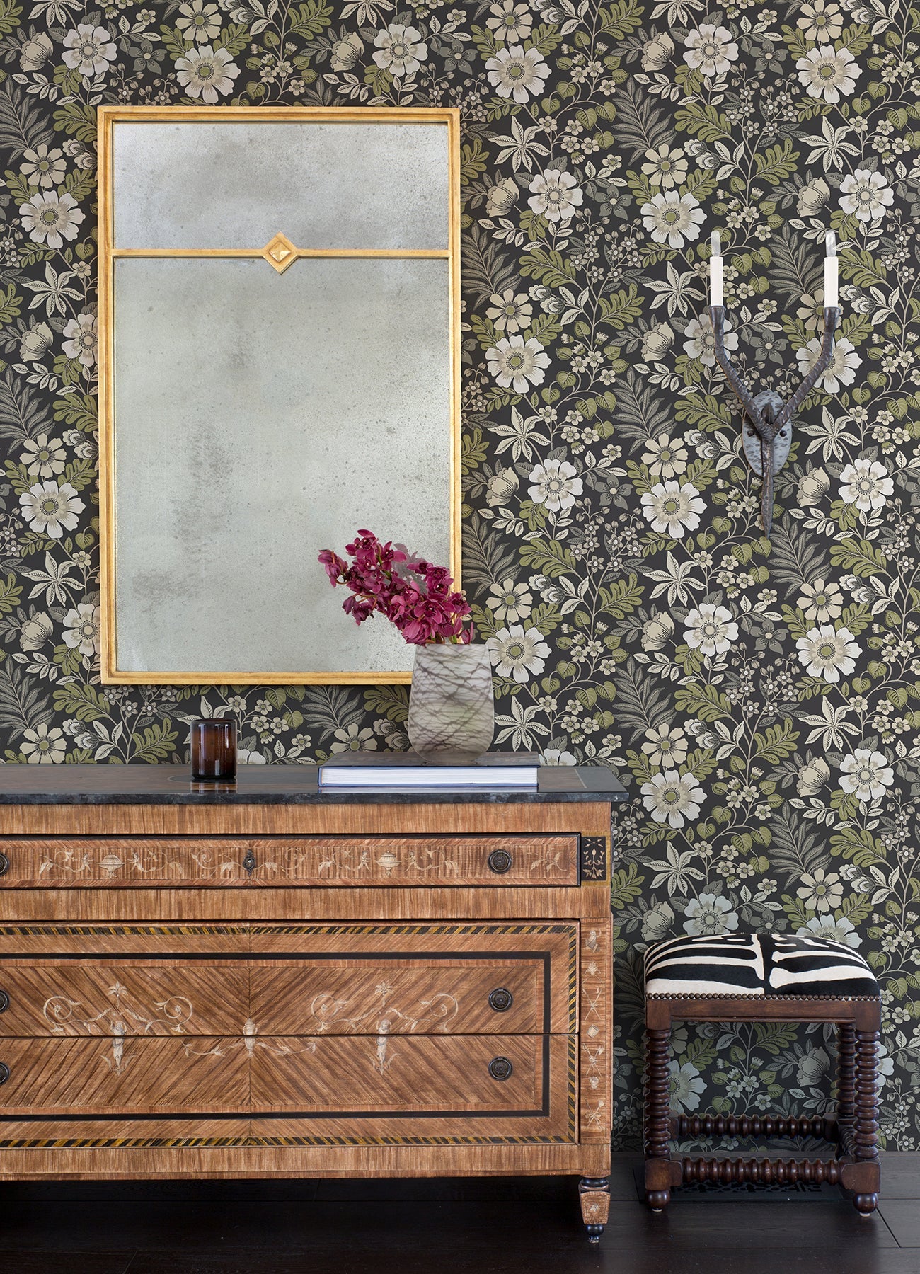 A-Street Prints Voysey Black Floral Wallpaper, 27-in by 27-ft