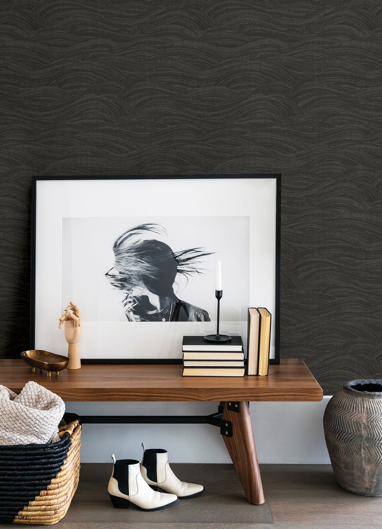 A-Street Prints Leith Black Zen Waves Wallpaper, 20.9-in by 33-ft