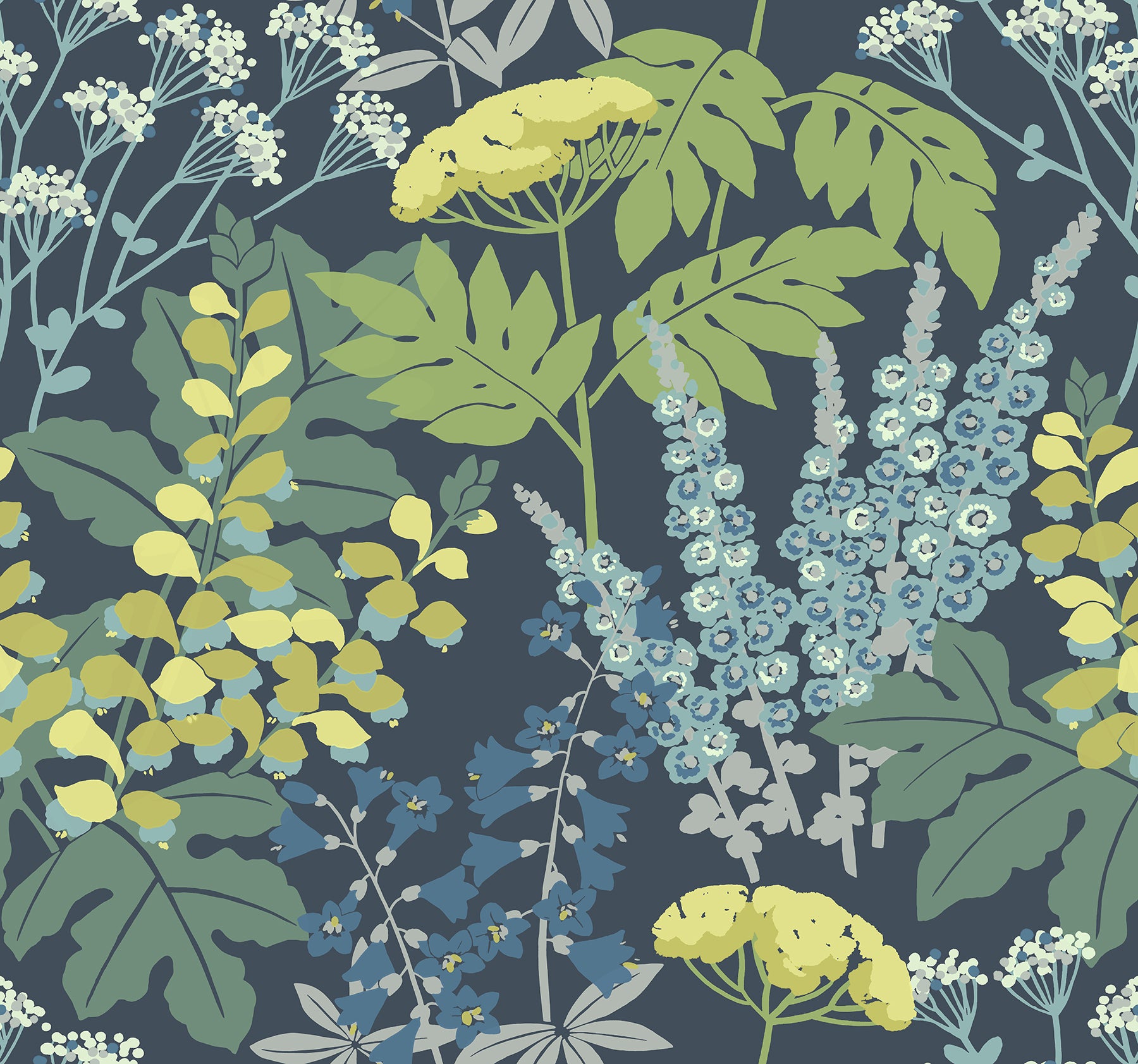 A-Street Prints Brie Dark Blue Forest Flowers Wallpaper, 27-in by 27-ft