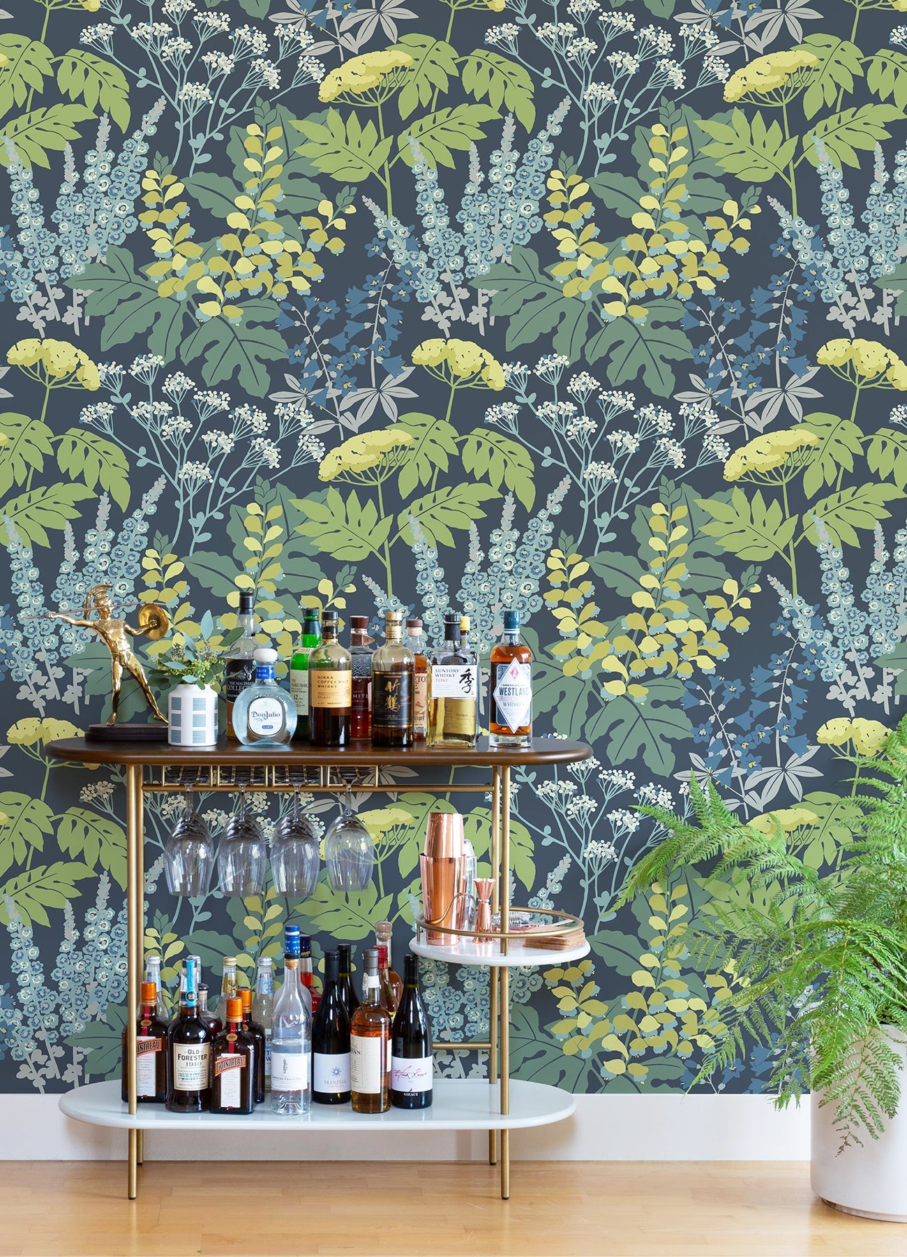 A-Street Prints Brie Dark Blue Forest Flowers Wallpaper, 27-in by 27-ft