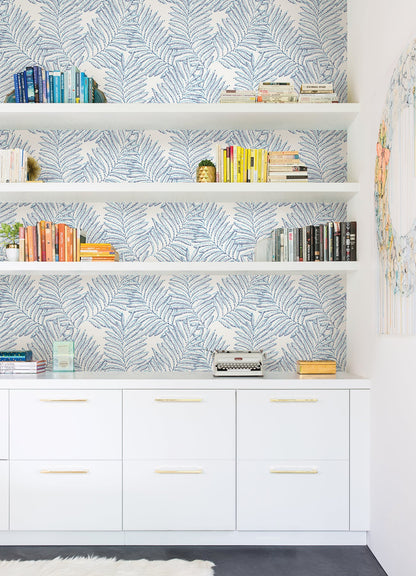 A-Street Prints Finnley Blue Inked Fern Wallpaper, 20.5-in by 33-ft