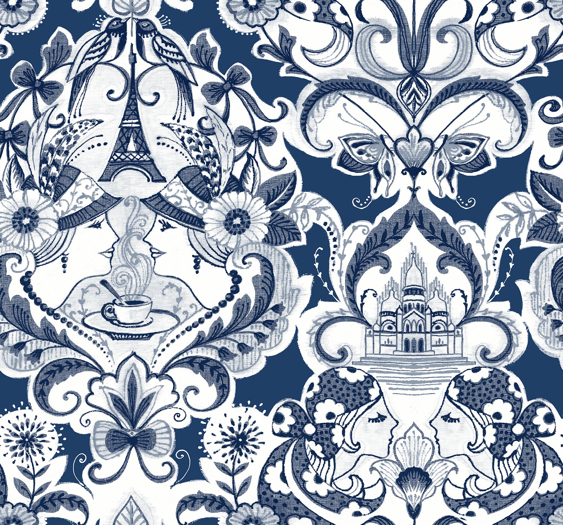 A-Street Prints Sadie Navy Parisian Damask Wallpaper, 27-in by 27-ft