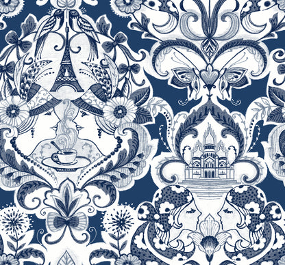 A-Street Prints Sadie Navy Parisian Damask Wallpaper, 27-in by 27-ft