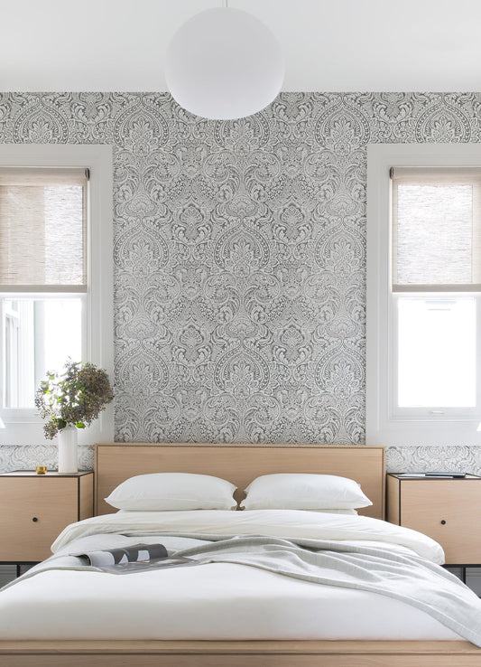 A-Street Prints Artemis Platinum Damask Wallpaper, 20.9-in by 33-ft