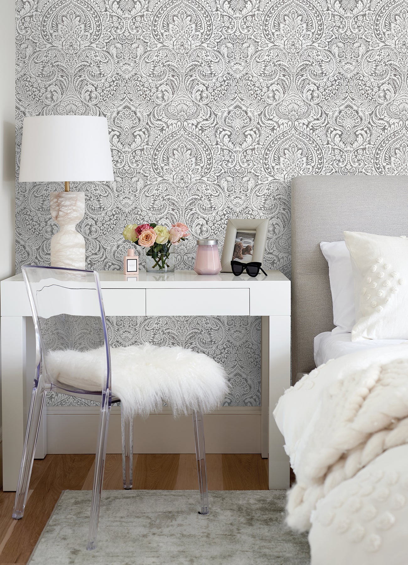 A-Street Prints Artemis Platinum Damask Wallpaper, 20.9-in by 33-ft