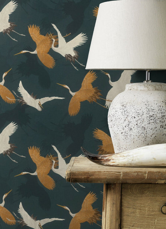 Advantage Kusama Dark Blue Crane Wallpaper, 20.9-in by 33-ft