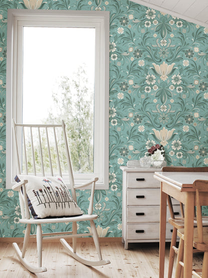 A-Street Prints Ostanskar Turquoise Retro Floral Wallpaper, 20.9-in by 33-ft