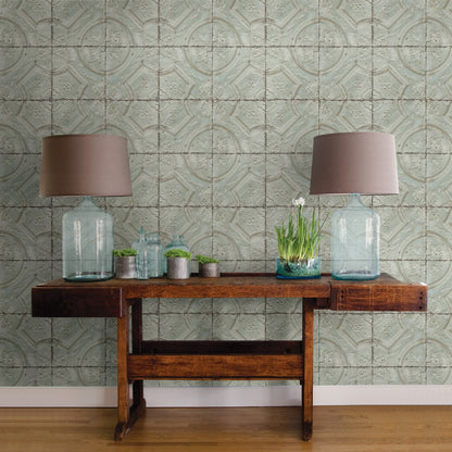 Chesapeake Susanna Teal Vintage Tin Tile Wallpaper, 20.5-in by 33-ft