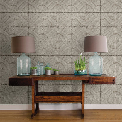 Chesapeake Susanna Taupe Vintage Tin Tile Wallpaper, 20.5-in by 33-ft