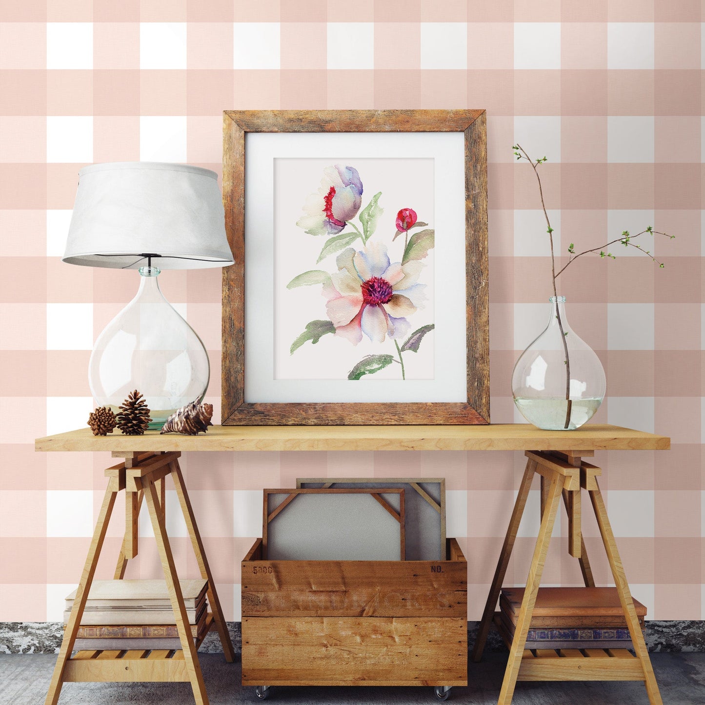 Chesapeake Amos Light Pink Gingham Wallpaper, 20.5-in by 33-ft