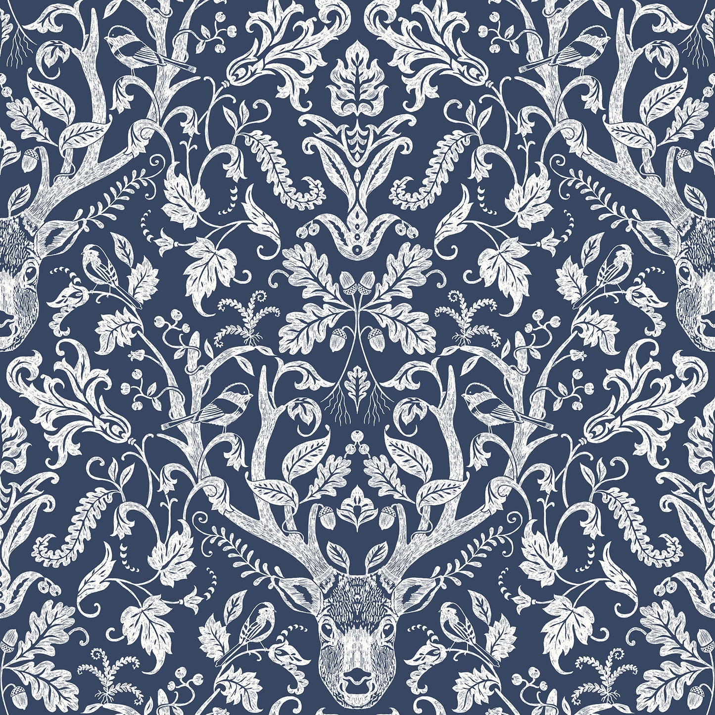 Chesapeake Kiwassa Navy Antler Damask Wallpaper, 20.5-in by 33-ft