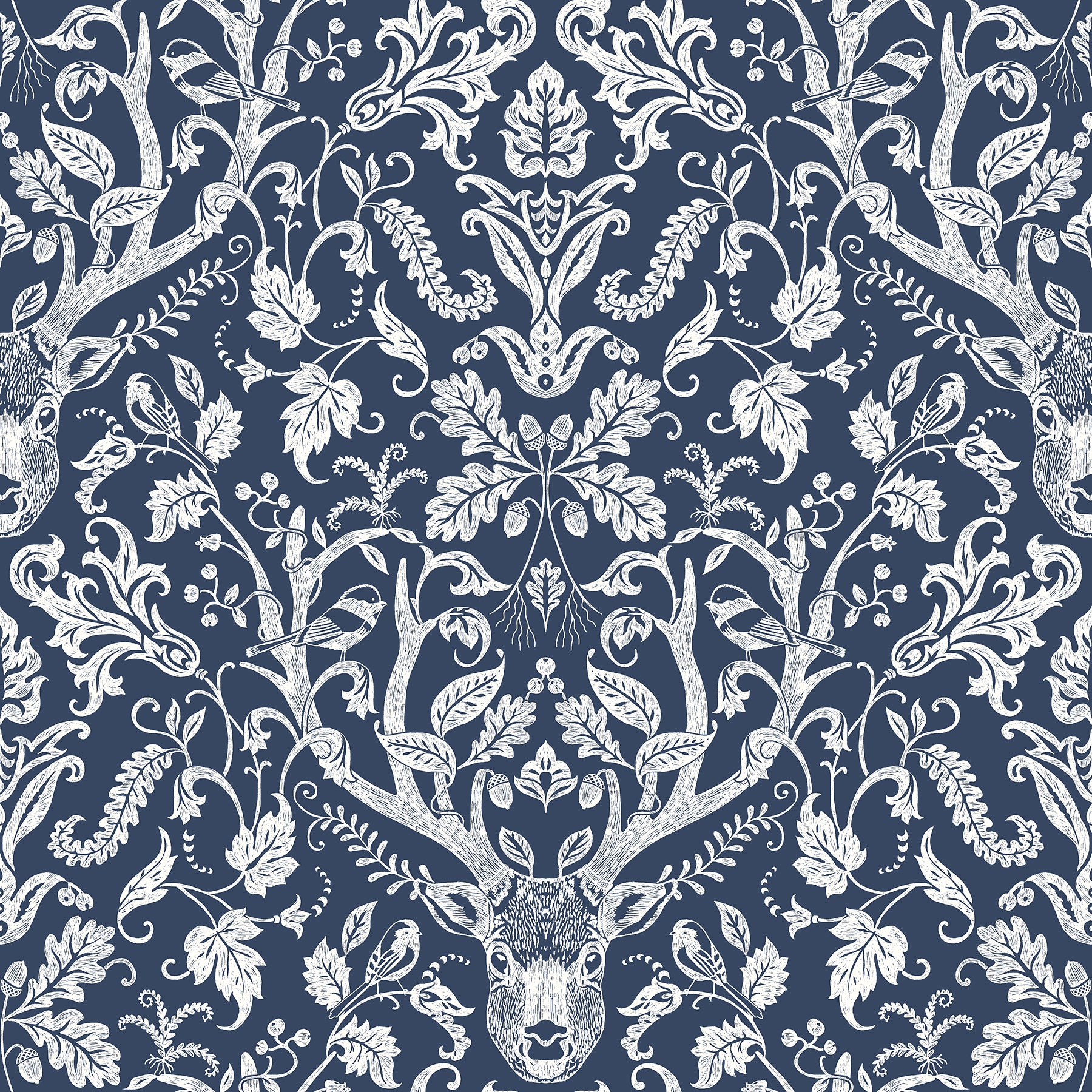 Chesapeake Kiwassa Navy Antler Damask Wallpaper, 20.5-in by 33-ft