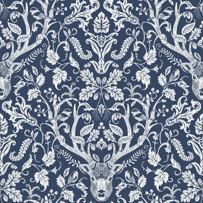 Chesapeake Kiwassa Navy Antler Damask Wallpaper, 20.5-in by 33-ft