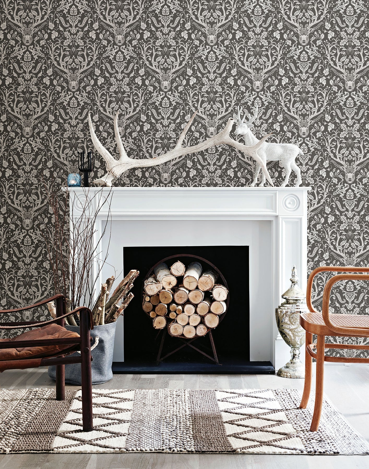 Chesapeake Kiwassa Brown Antler Damask Wallpaper, 20.5-in by 33-ft