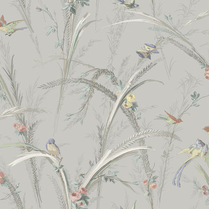 Chesapeake Meadowlark Grey Botanical Wallpaper, 20.5-in by 33-ft