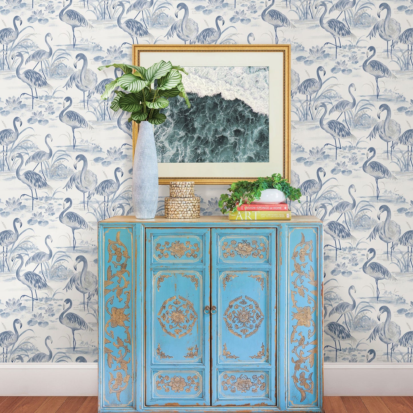 Chesapeake Everglades Blue Flamingos Wallpaper, 20.5-in by 33-ft