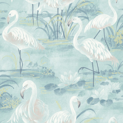 Chesapeake Everglades Aqua Flamingos Wallpaper, 20.5-in by 33-ft