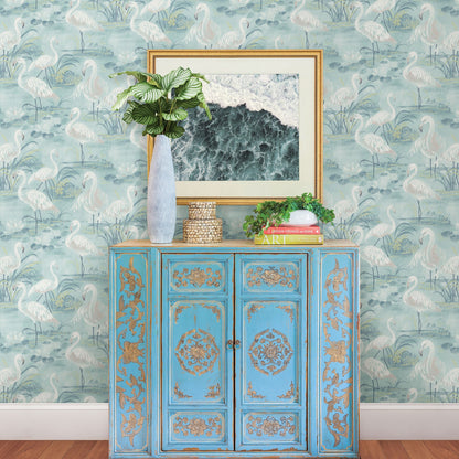 Chesapeake Everglades Aqua Flamingos Wallpaper, 20.5-in by 33-ft