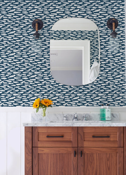 Chesapeake Nunkie Navy Sardine Wallpaper, 20.5-in by 33-ft