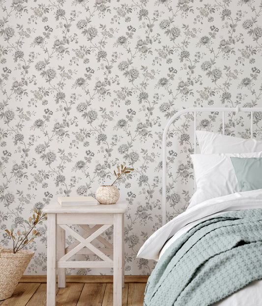 Chesapeake Chrysanthemum Grey Jacobean Wallpaper, 20.5-in by 33-ft