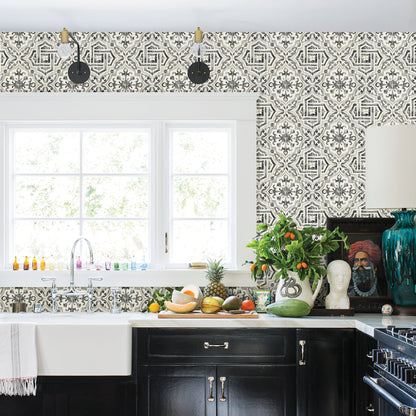 Chesapeake Sonoma Black Spanish Tile Wallpaper, 20.5-in by 33-ft