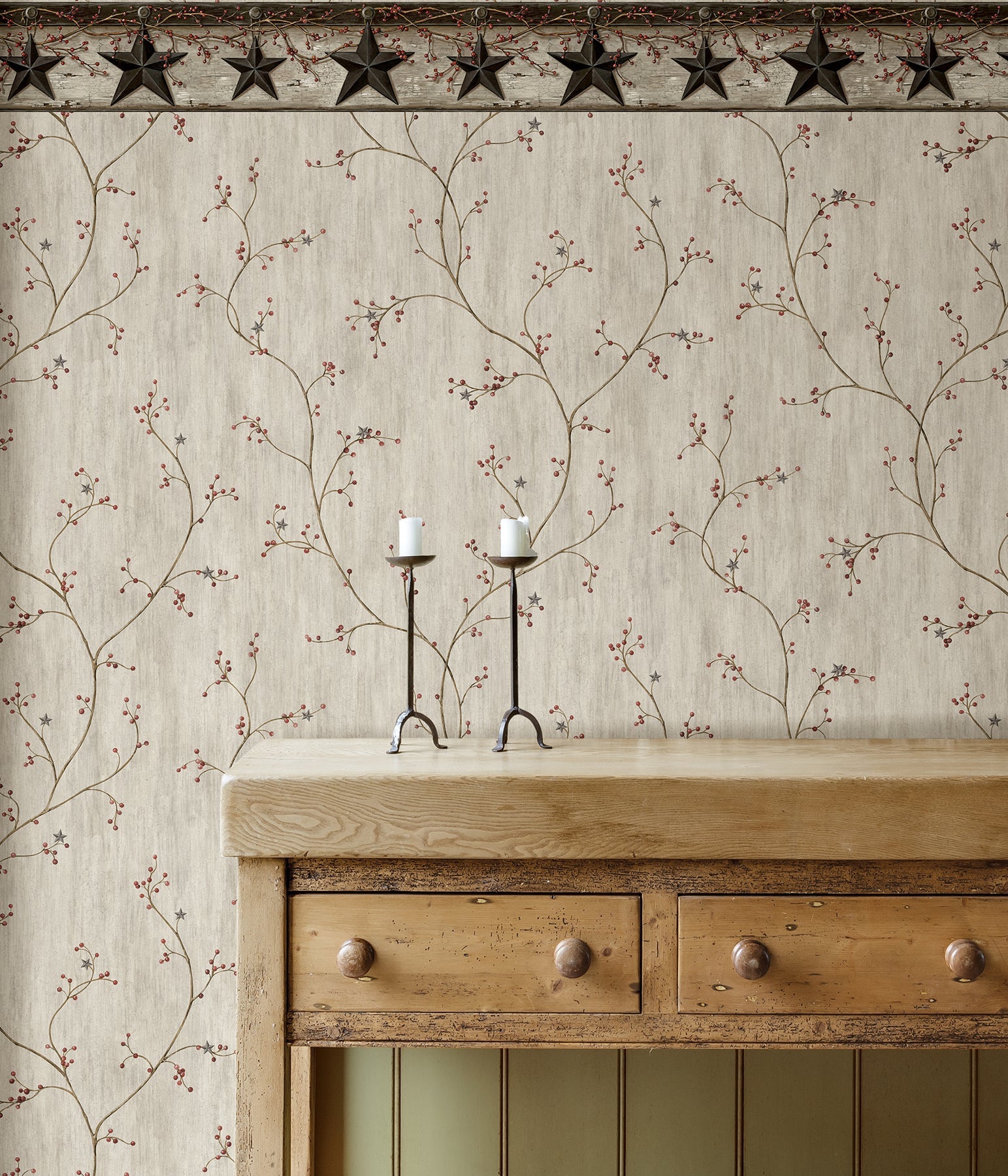 Chesapeake Justine Light Grey Berry Trail Wallpaper, 20.5-in by 33-ft