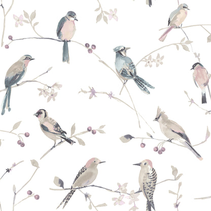 Chesapeake Birdsong Mauve Trail Wallpaper, 20.5-in by 33-ft