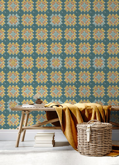 Chesapeake Maud Teal Crochet Geometric Wallpaper, 20.5-in by 33-ft