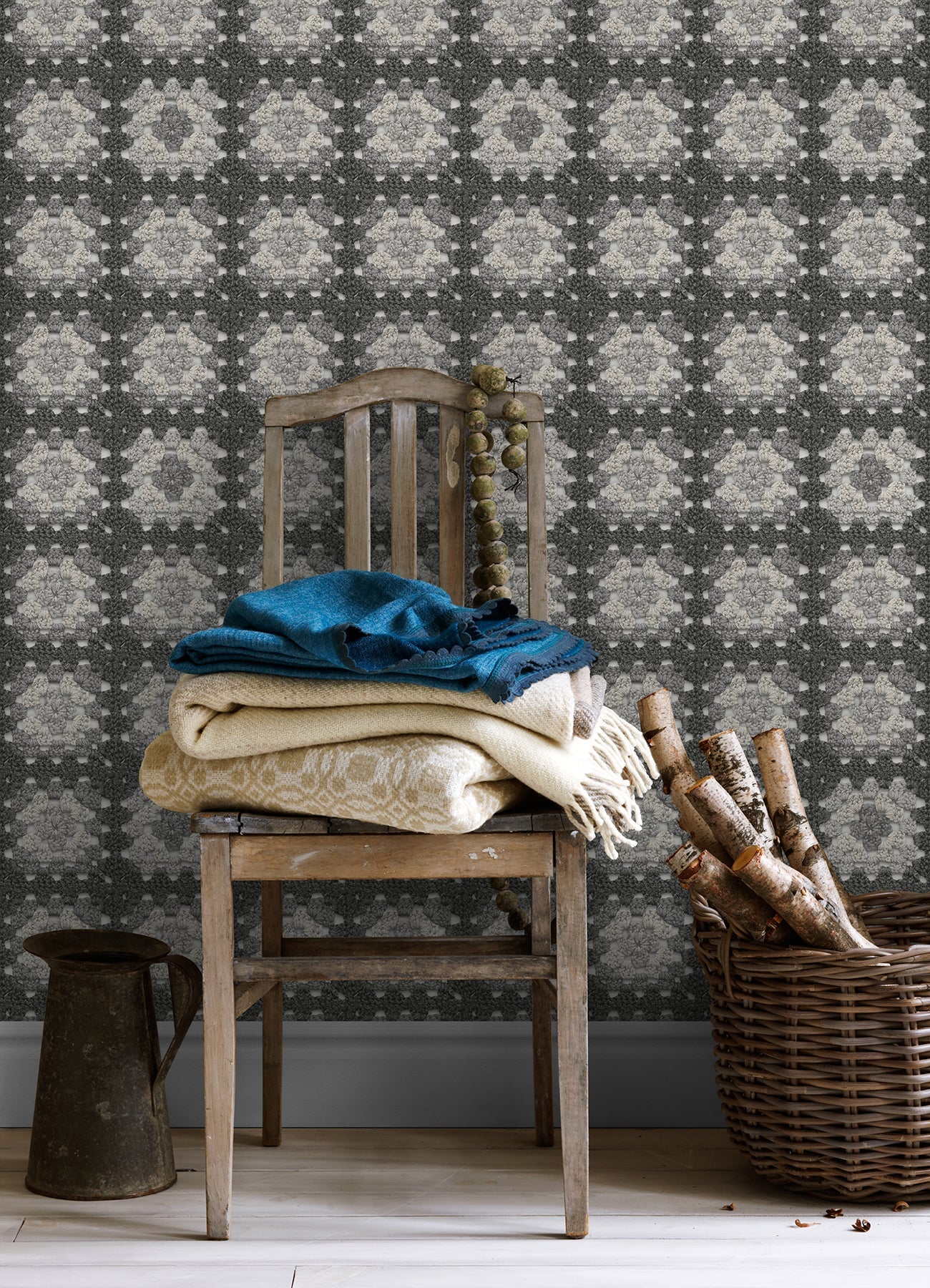 Chesapeake Maud Grey Crochet Geometric Wallpaper, 20.5-in by 33-ft