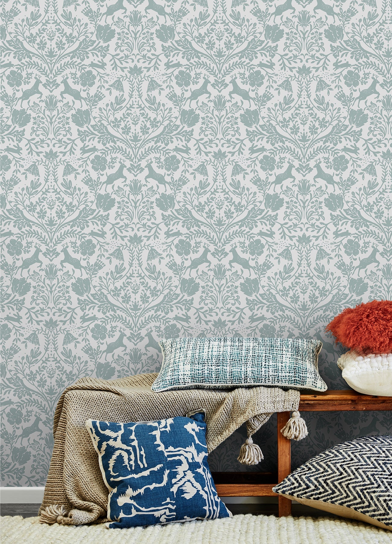 Chesapeake Forest Dance Aqua Damask Wallpaper, 20.5-in by 33-ft