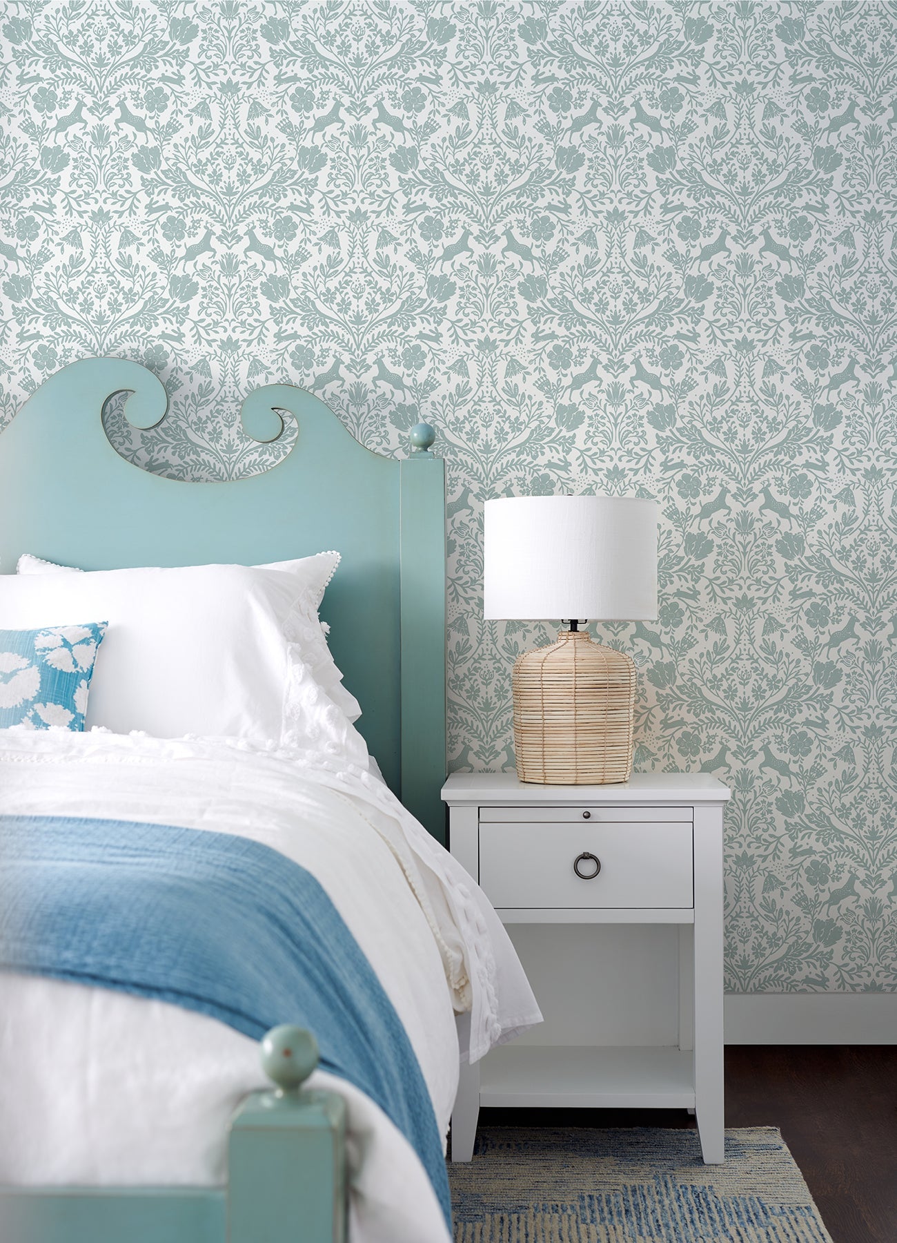 Chesapeake Forest Dance Aqua Damask Wallpaper, 20.5-in by 33-ft