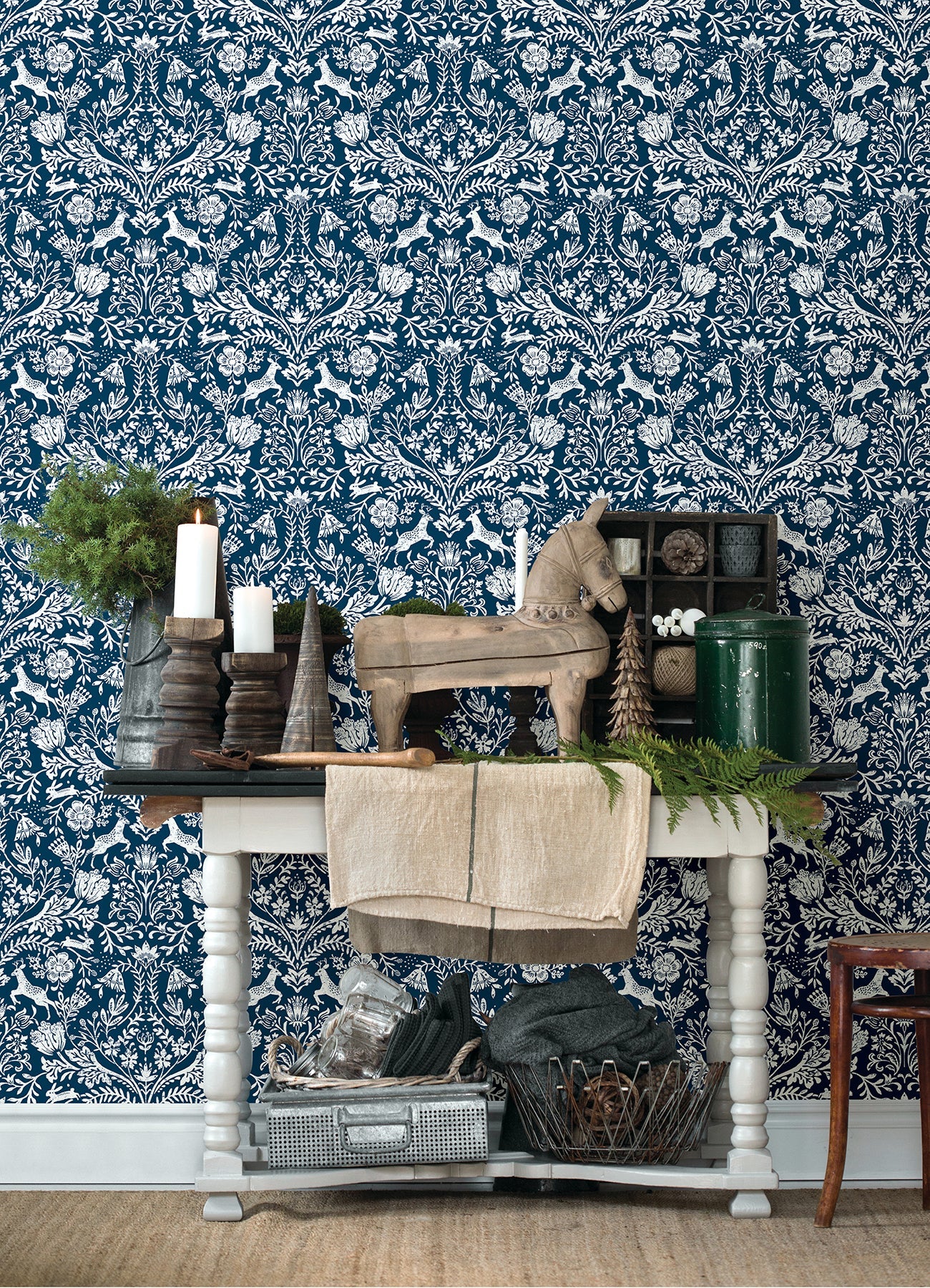 Chesapeake Forest Dance Navy Damask Wallpaper, 20.5-in by 33-ft