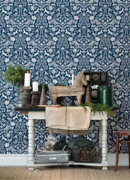 Chesapeake Forest Dance Navy Damask Wallpaper, 20.5-in by 33-ft