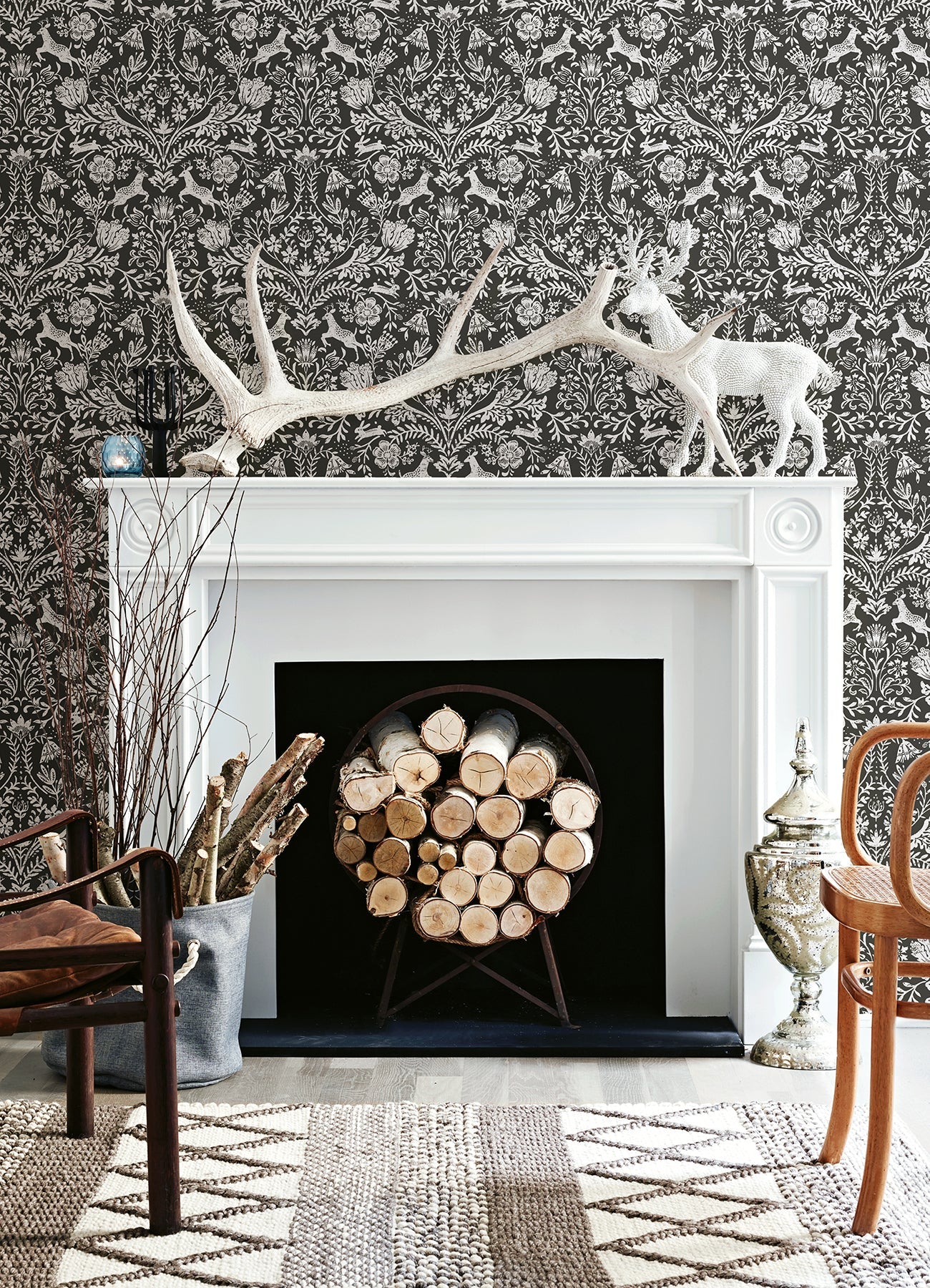 Chesapeake Forest Dance Charcoal Damask Wallpaper, 20.5-in by 33-ft