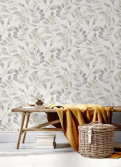 Chesapeake Pinnate Taupe Leaves Wallpaper, 20.5-in by 33-ft