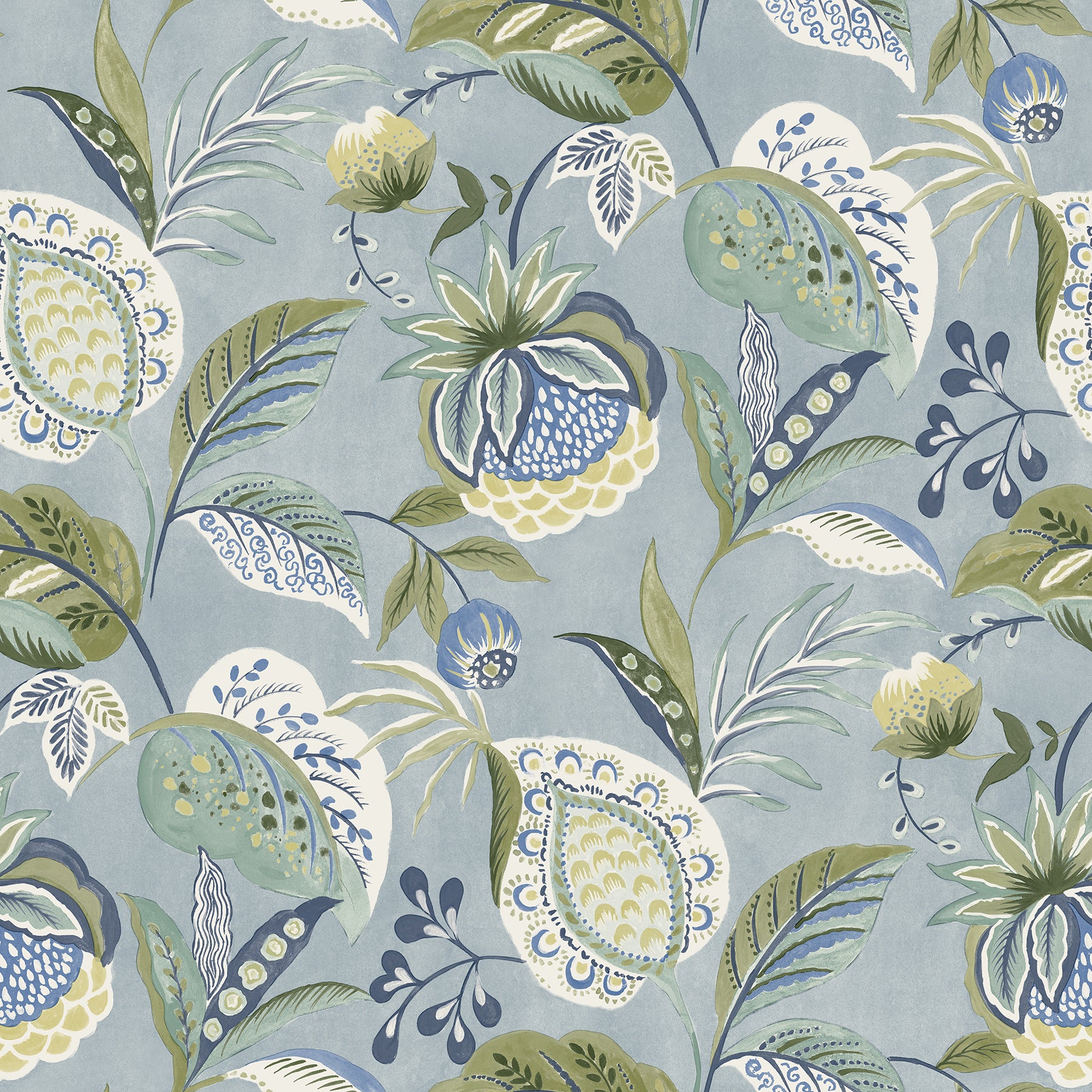 Chesapeake Bohemian Blue Jacobean Wallpaper, 20.5-in by 33-ft