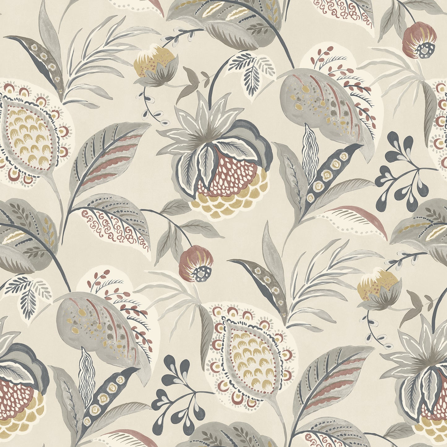 Chesapeake Bohemian Grey Jacobean Wallpaper, 20.5-in by 33-ft