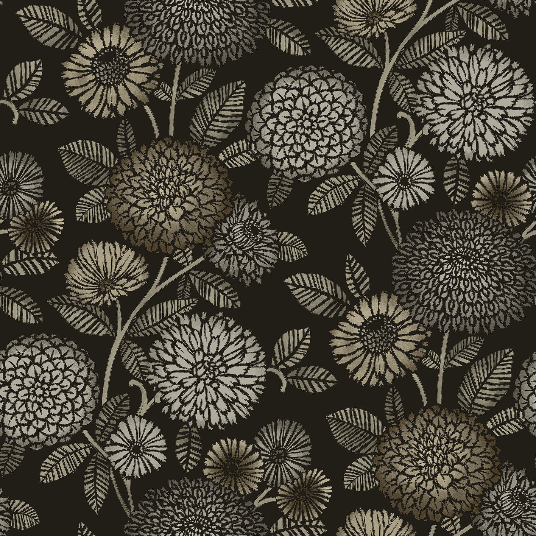 Chesapeake Zalipie Black Floral Trail Wallpaper, 20.5-in by 33-ft