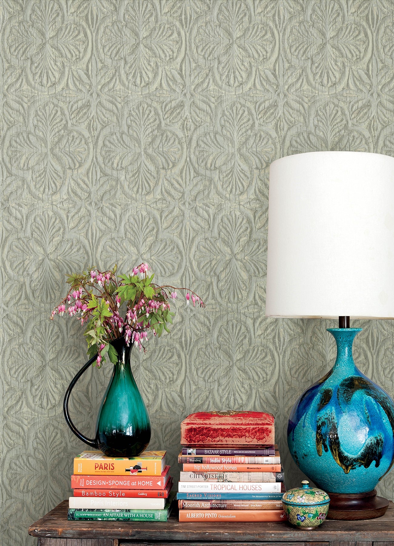 Chesapeake Karachi Light Blue Wooden Damask Wallpaper, 20.5-in by 33-ft