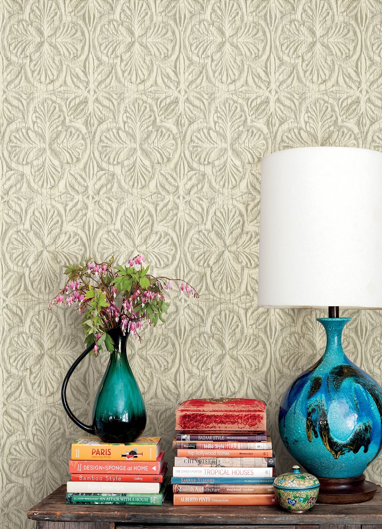 Chesapeake Karachi Cream Wooden Damask Wallpaper, 20.5-in by 33-ft