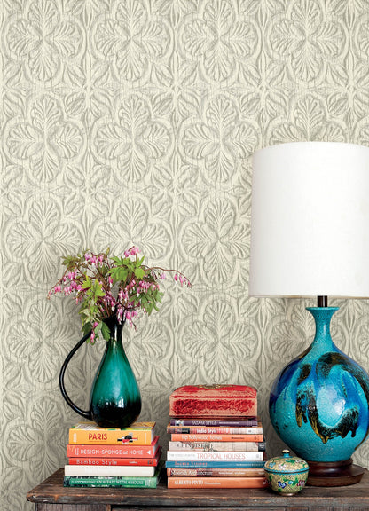 Chesapeake Karachi White Wooden Damask Wallpaper, 20.5-in by 33-ft