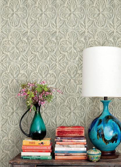 Chesapeake Karachi Aqua Wooden Damask Wallpaper, 20.5-in by 33-ft