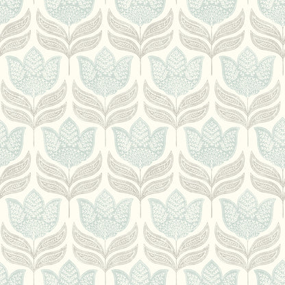 Chesapeake Cathal Aqua Tulip Block Print Wallpaper, 20.5-in by 33-ft