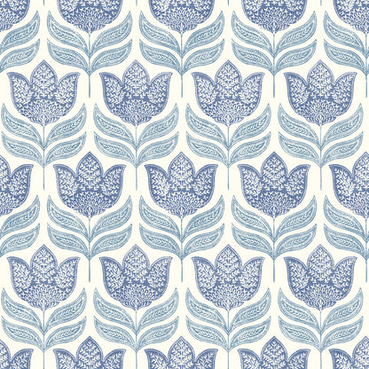 Chesapeake Cathal Blue Tulip Block Print Wallpaper, 20.5-in by 33-ft