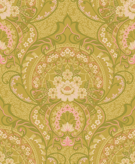 Eijffinger Nasrin Chartreuse Damask Wallpaper, 21.5-in by 33-ft