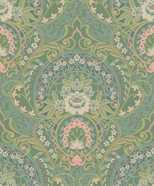 Eijffinger Nasrin Sea Green Damask Wallpaper, 21.5-in by 33-ft