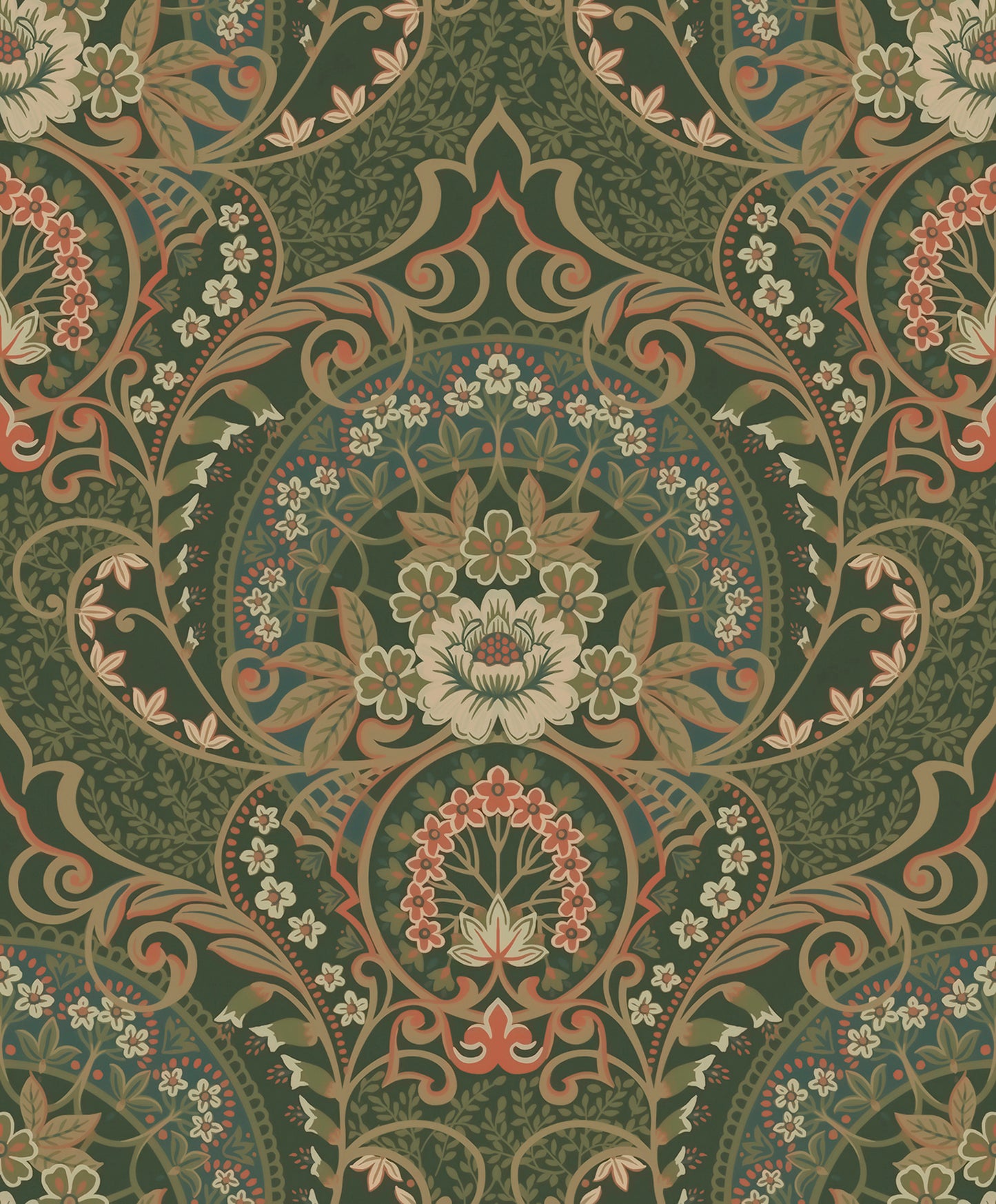 Eijffinger Nasrin Dark Green Damask Wallpaper, 21.5-in by 33-ft